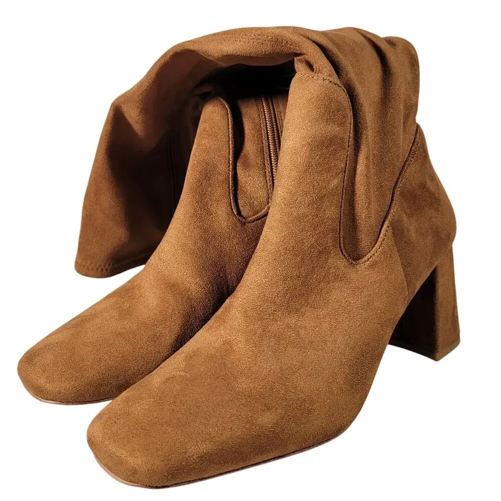 Nordstrom‎ Rack Tan Suede Square Toe Block Heel Knee High Boots Women Size 5